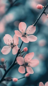Delicate Pink Blossoms on Dark Branch with Soft Focus