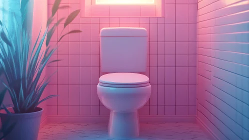 Neon lit modern toilet in small tiled bathroom interior.