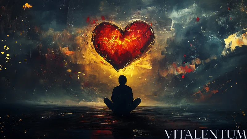 Silhouetted Figure Meditation Before Luminous Heart Symbol