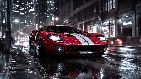 Midnight red supercar prowls rain-slick neon boulevard.