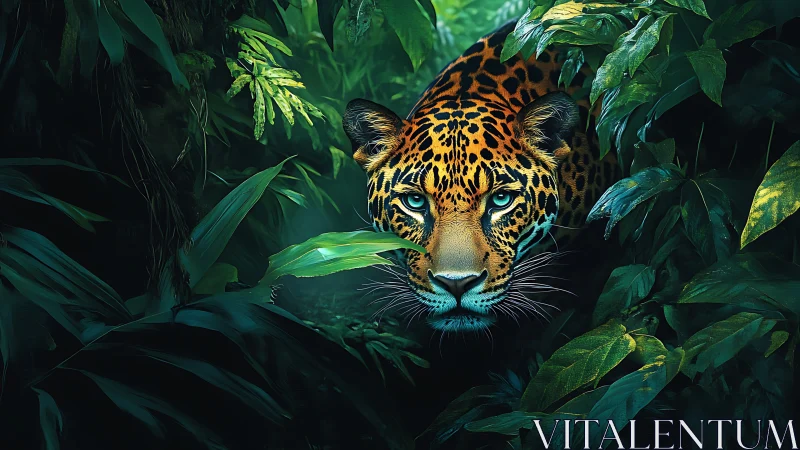 Jaguar rendered in dense jungle foliage using high contrast