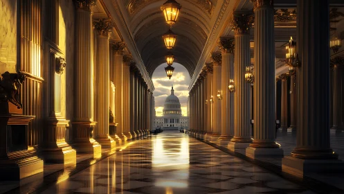 Golden colonnade guiding the eye toward a distant capitol.