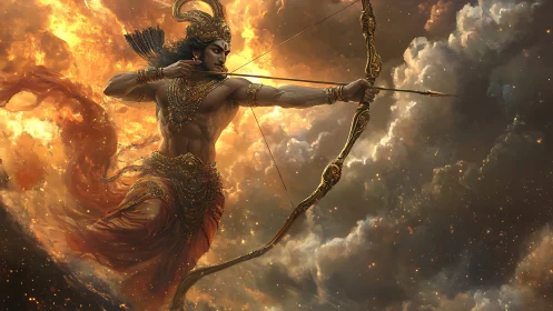 Mythic archer god draws a golden bow amid burning skies