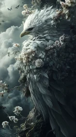 Majestic white eagle entwined with pale blossoms in clouds