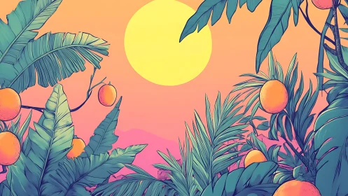 Tropical citrus canopy under exaggerated solar disc at dusk.