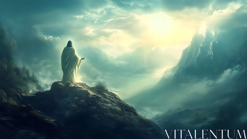 Solitary robed figure overlooks luminous misty mountain valley