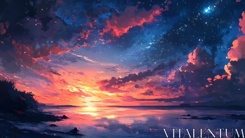 Vivid coastal sunset under starry clouds and calm water.
