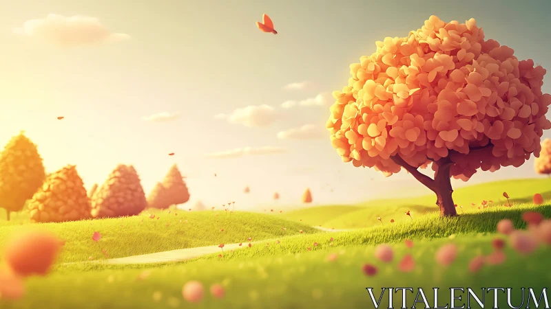 Parametric blossom tree in volumetric-lit stylized meadow.