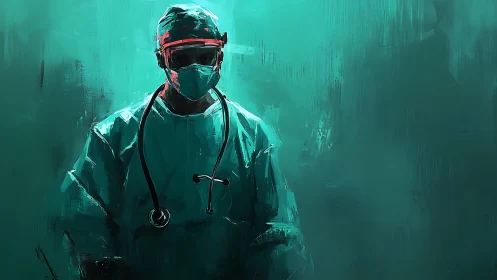 Calm surgeon in teal light embodying quiet everyday courage.