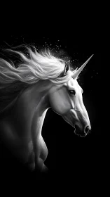 Majestic white unicorn portrait on deep black background.