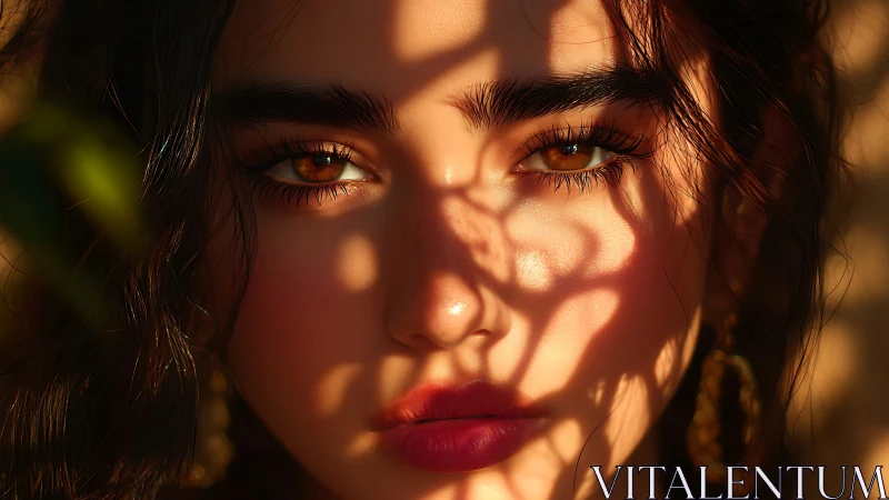 Sunlit portrait under patterned shadow lattice glow.