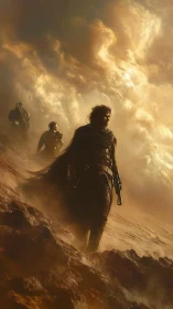 Desert warriors stride through golden stormlit wasteland.
