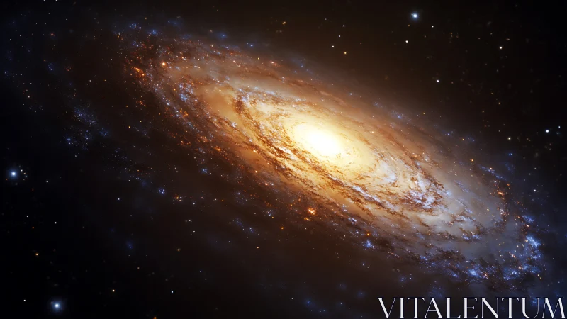 Golden spiral galaxy glows softly in a star filled night sky.