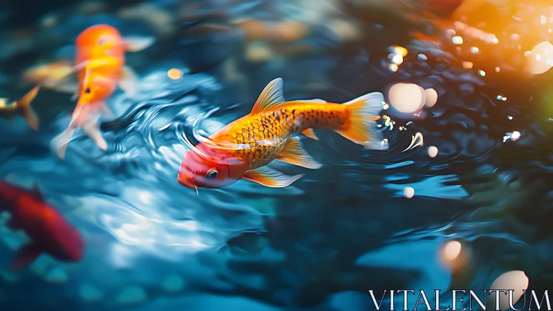 High-saturation koi carp in rippling pond with bokeh light
