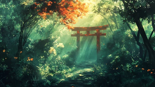 Sunlit forest torii gate under dappled emerald canopy.