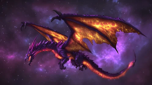 Celestial lava dragon soars through a glowing purple nebula
