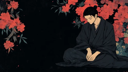 Midnight blossoms cradle a quiet soul in folded ink