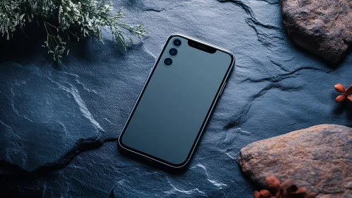 Smartphone positioned on slate surface with natural rock formations and botanicals