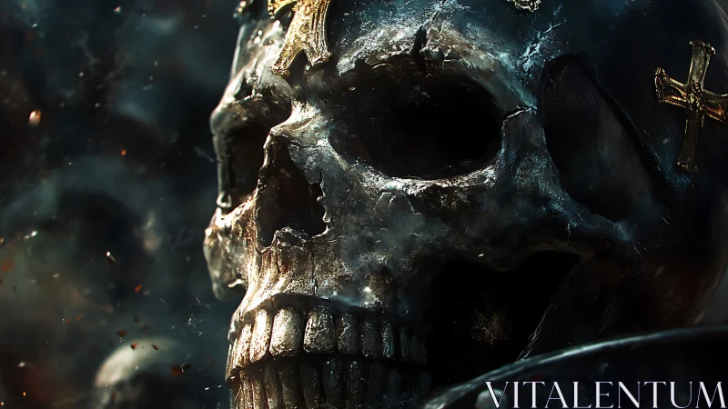 Battle-scarred obsidian skull crowned with burning crosses.