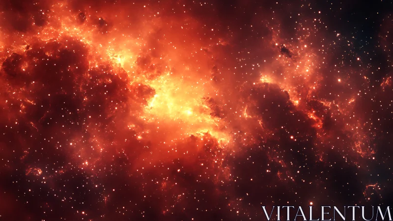 Stellar embers swirl into a blazing crimson nebula sea