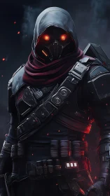 Hooded cyber assassin glows with intense red visor gaze.