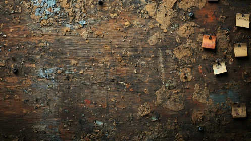 Weathered bulletin board with peeling paint and notes.