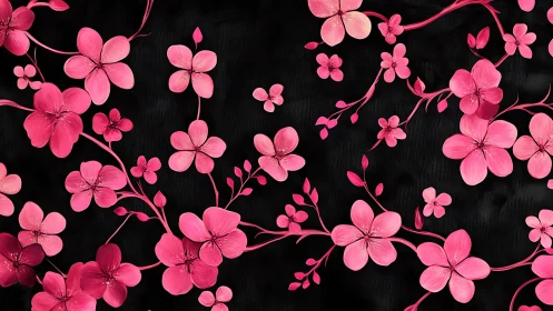 Pink Floral Botanical Pattern on Black Background.
