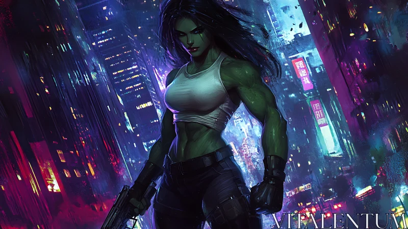 Green heroine strides through neon city with bold resolve.