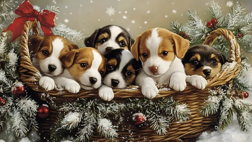 Cozy basket of holiday puppies bringing gentle seasonal joy.