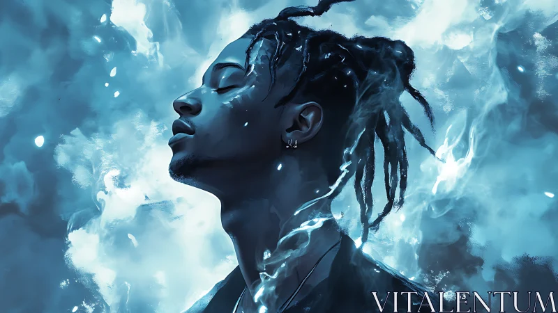 Side-lit portrait merges human profile with ethereal blue energy