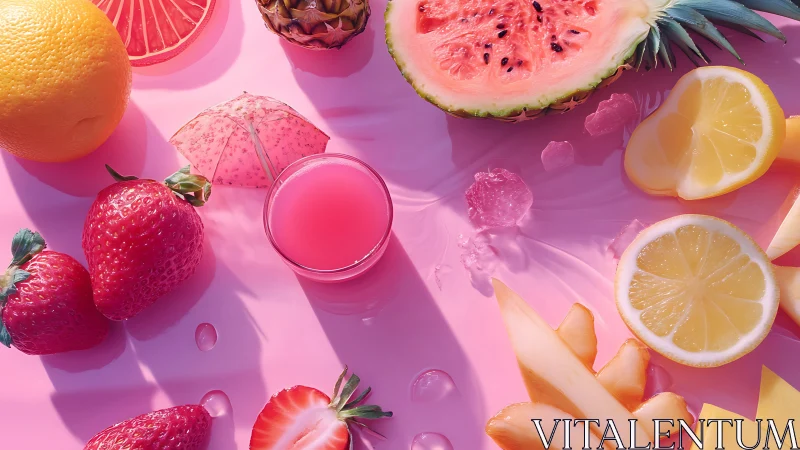 Sunlit summer fruits glow over glossy pink background