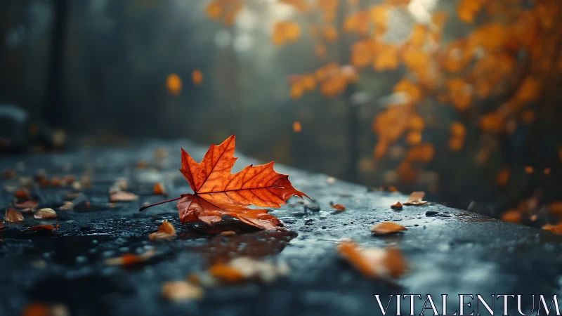 Solitary ember leaf resting on rain-darkened stone at dusk.