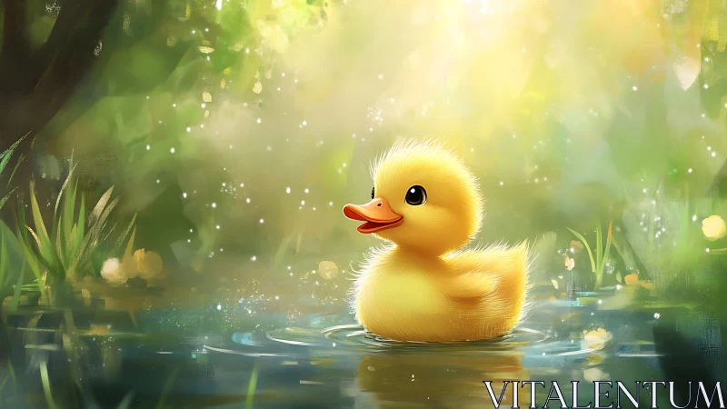 Yellow duckling in soft light on calm forest pond.