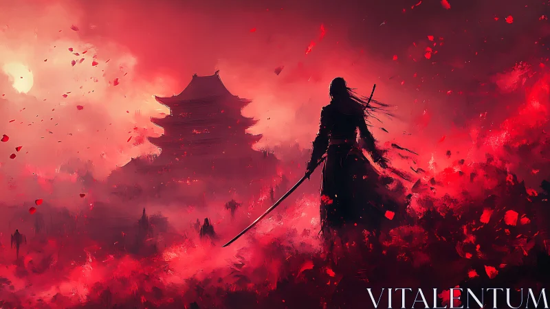 Silhouetted swordsman before distant pagoda in red haze.