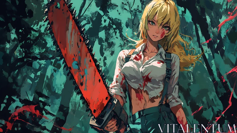 Blonde woman holds a bloodstained chainsaw in stylized forest