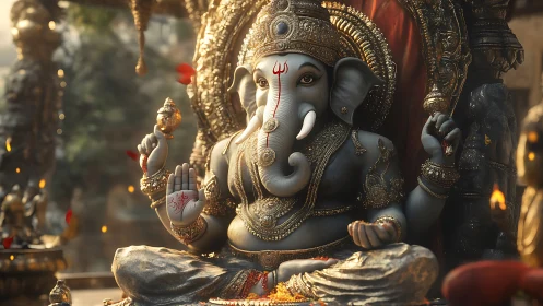 Ganesha statue sits in ornate shrine with glowing details
