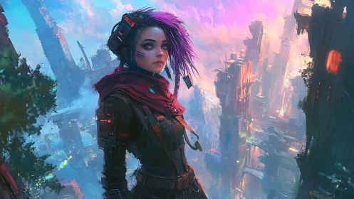 Fearless cyber city wanderer in glowing neon sunrise.