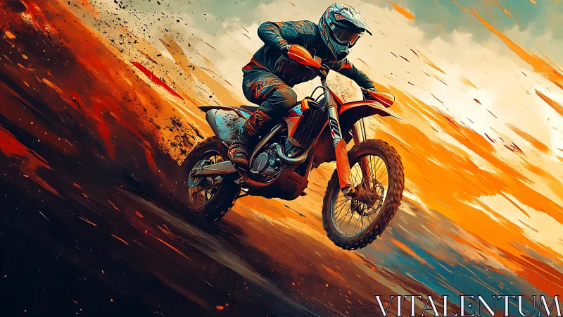 Dust‑carving dirt biker streaks through molten sunset sky.