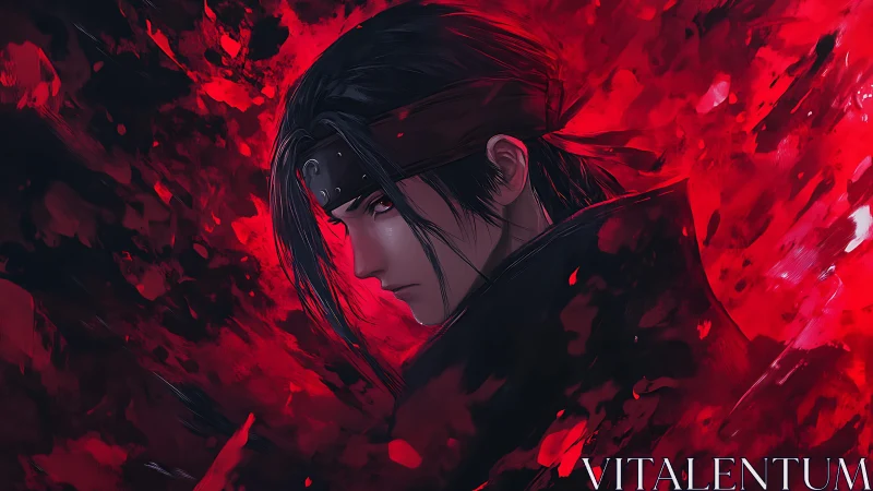 Brooding anime warrior amid swirling crimson chaos.