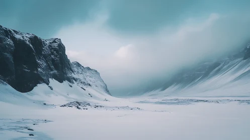 Silent glacial valley under teal storm-lit sky.