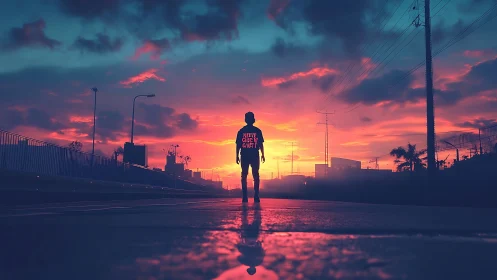 Lone silhouette walks a neon city street at electric sunset