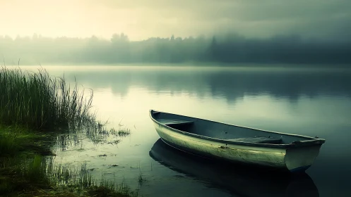 Quiet rowboat rests softly on a misty, glass-still lake