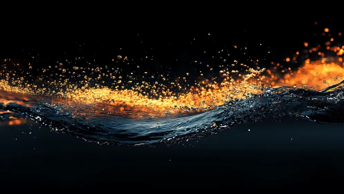 High-speed liquid interface with luminous orange particle refraction