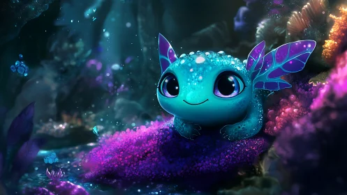 Tiny luminescent dragonet dreams in a deep coral twilight.