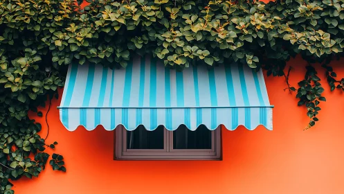 Striped blue awning shades window on orange exterior wall