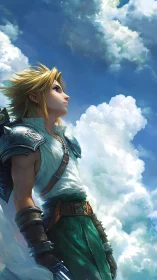 Blond warrior gazes skyward beneath towering clouds