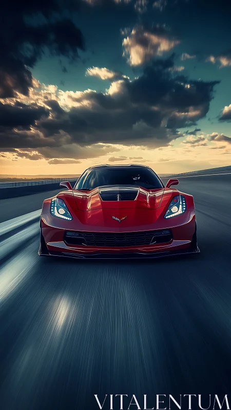 Red sports car charges down highway under stormy sunset