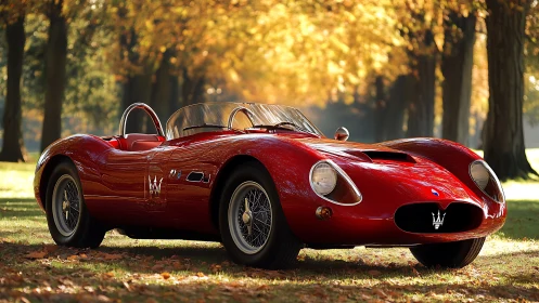 Red vintage roadster is parked on grass under tall trees