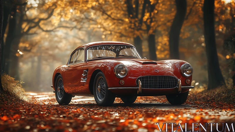 Vintage red sports car glows along a golden autumn lane