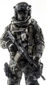 Modern tactical soldier in full combat loadout gear.